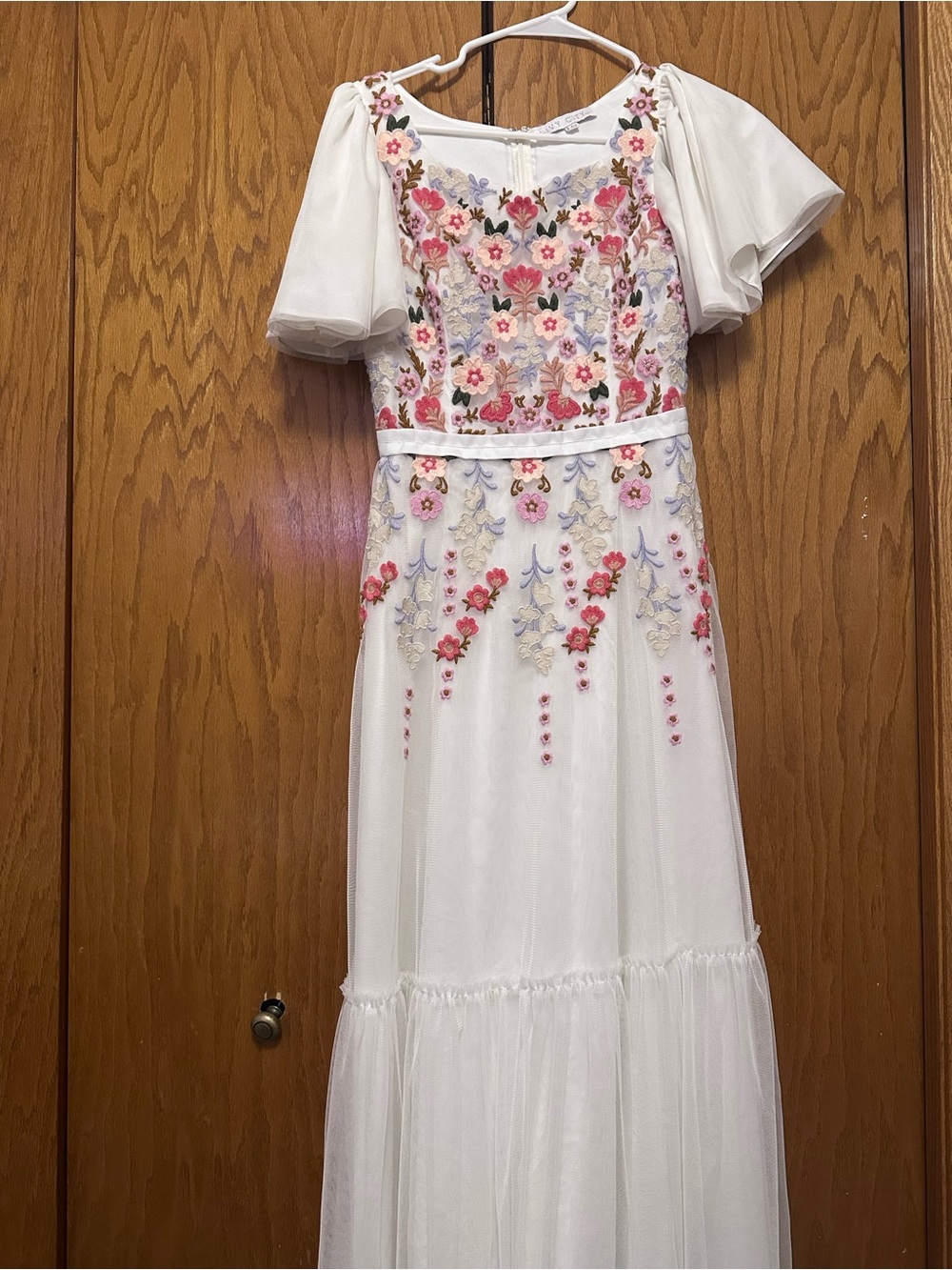 Ivy City Co White Maxi Dress (Size XS)  with Pink & Coral Floral Embroidery